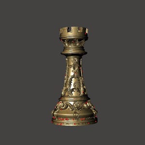 May include: A gold-colored rook chess piece with intricate floral and scrollwork detailing. The rook has a crenellated top and a detailed base. The piece is set against a dark gray background, highlighting its ornate design.