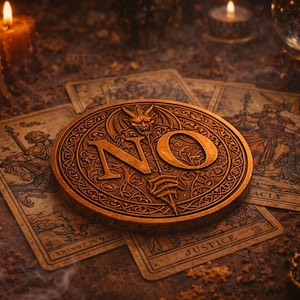 Può includere: Una moneta color bronzo con la parola "NO" in grassetto, con un design diabolico e motivi intricati. La moneta poggia su carte dei tarocchi con illustrazioni e testo. La scena è debolmente illuminata da candele.