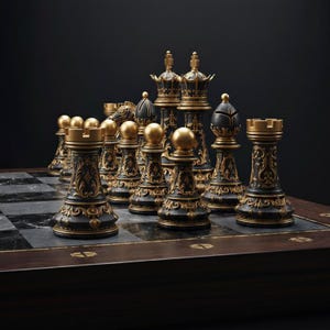 May include: A complete chess set with black and gold pieces on a marble-patterned board. The chess pieces have ornate gold detailing and are arranged for a game. The board is framed in dark wood.