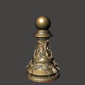 May include: A gold-colored chess pawn with intricate floral and scrollwork detailing. The pawn has a rounded top and a detailed base, showcasing a classic design. The chess piece is set against a neutral background.