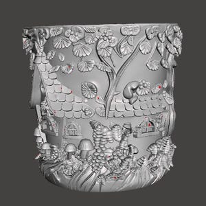 May include: A detailed, grey, 3D-rendered planter with a whimsical fairy tale design. The planter features a miniature house with a tiled roof, windows, and surrounding flora, including mushrooms, flowers, and vines. The overall design is intricate and decorative.