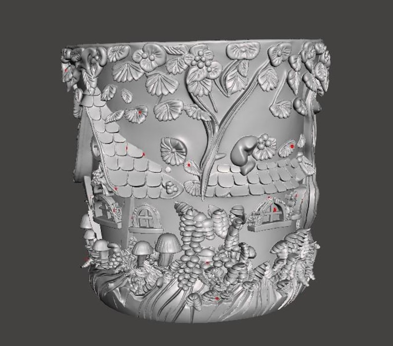 May include: A detailed, grey, 3D-rendered planter with a whimsical fairy tale design. The planter features a miniature house with a tiled roof, windows, and surrounding flora, including mushrooms, flowers, and vines. The overall design is intricate and decorative.