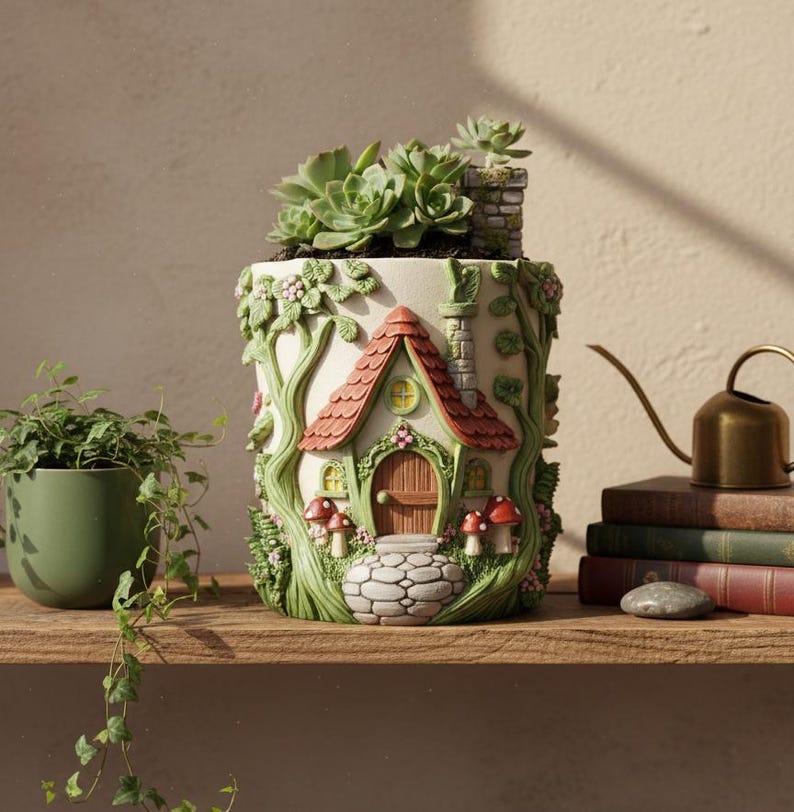 May include: A decorative fairy house plant pot with a red tiled roof, a brown door, and green detailing. The pot is filled with green succulents and has a chimney. The design features trees, mushrooms, and a stone path, creating a miniature garden scene.