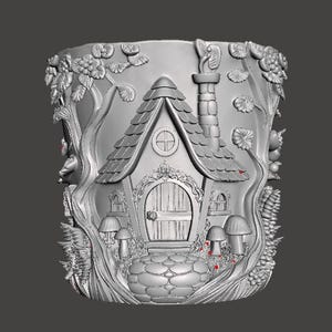 May include: A detailed, grey, 3D-printed planter with a fairy house design. The house features a detailed roof, door, and windows, surrounded by trees, mushrooms, and other natural elements. The planter is designed to hold plants.