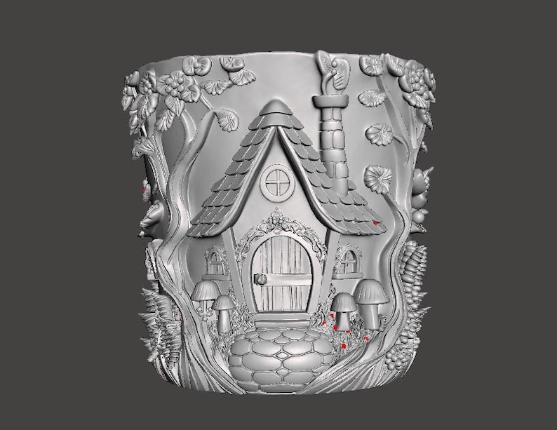 May include: A detailed, grey, 3D-printed planter with a fairy house design. The house features a detailed roof, door, and windows, surrounded by trees, mushrooms, and other natural elements. The planter is designed to hold plants.