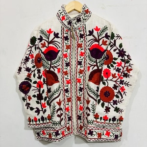 Handmade Suzani Embroidery Jacket, Boho Cotton Short Coat, Vintage Suzani Jacket, Suzani Short Jacket, TNT Fabric Suzani Jacket Gift For Her