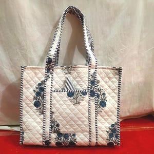 Hand Block Print Cotton Quilted Tote Bag: Reversible Shopper