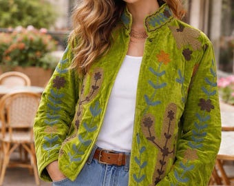 Green Velvet Embroidered Suzani Jacket, Handmade Velvet Suzani Jacket, Cactus Embroidered Bohemian Winter Coat, Personalized Gifts For Her