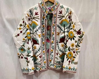 White Reversible Cotton Suzani, Hand Embroidery Jacket Coat, Tnt Suzani Jacket, Cotton Suzani, Winter Wear Jacket, Birthday Gifts For Her