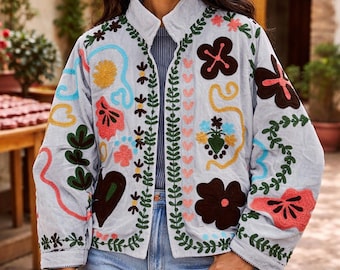 Embroidered Velvet Suzani Jacket, Bohemian Winter Wear Coat Jacket, Boho Suzani Jacket, Floral Velvet Jacket Personalized Gift For Her