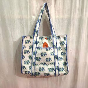 Indian Handmade Quilted Tote Bag, Elephant Block Print Tote Bag, Reversible Boho Market Tote, Travel Tote Bags, Women Gifts, Sustainable