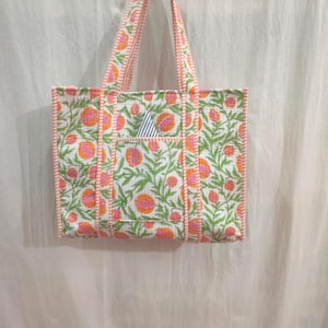 Block Print Handmade Indian Cotton Quilted Market Bags, Floral Cotton Quilted Tote Bag, Travel and Shoulder Tote Bags, Perfect Gift for Her