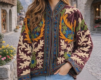 Handmade Floral Velvet Suzani Jacket, Bohemian Winter Wear Jacket, Women's Suzani Coat, Reversible Indian Suzani Jacket, Wedding Gifts