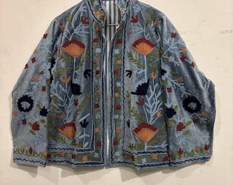 Floral Embroidered Velvet Suzani Jacket, Bohemian Winter Jacket, Handmade Suzani Embroidery Jacket, Reversible Velvet Jacket for women, Coat