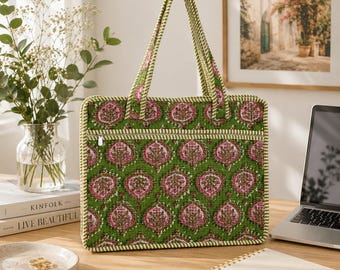 Handmade Quilted Cotton Laptop Bag, Cotton Quilted Laptop Bag, Block Print Laptop Bag, Gift for Him, Gift for husband, Office laptop Bag