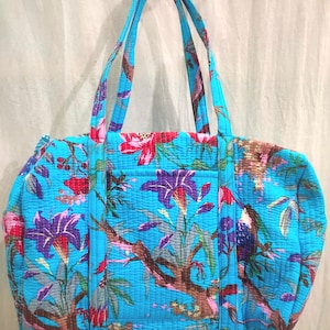 Floral Block Print Cotton Duffel Bag, Quilted Beach Travel Weekender Bags, Large Hand Luggage Bags For Women, Vintage Cotton Duffel Bags