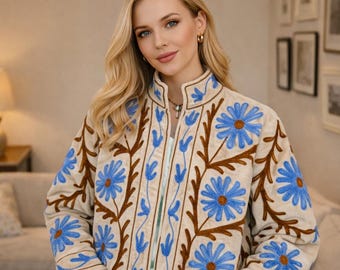 Velvet Suzani Embroidered Jacket, Beige Color Velvet Suzani Jacket, Bohemian Winter Wear Jacket, Women Suzani Coat Personalized Gift For Her