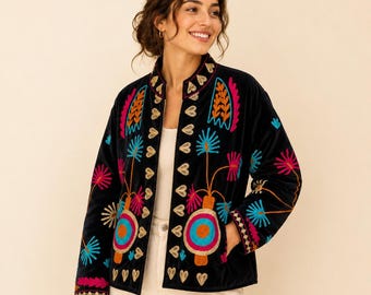 Handmade Cotton Suzani Embroidered Jacket, Floral Embroidered Velvet Suzani Jacket, Luxury Velvet Embroidered Jacket, Handmade Suzani Jacket