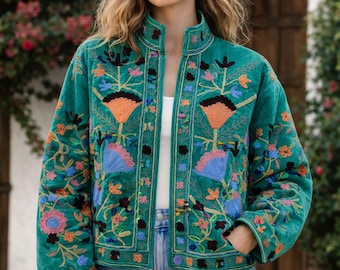 Handmade Velvet Suzani Jacket, Unique Suzani Embroidered Winter Wear Jacket, Womens Suzani Coat, Bohemian Velvet Suzani Jacket Gifts For Her