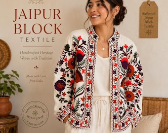 Handmade Suzani Embroidery Jacket, Boho Cotton Short Coat, Vintage Suzani Jacket, Suzani Short Jacket, TNT Fabric Suzani Jacket Gift For Her