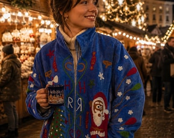 Christmas Velvet Jacket for Women, Handmade Embroidered Holiday Coat, Blue Velvet Christmas Jacket, Santa Claus Winter Jacket,Christmas Gift
