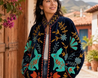 Floral Embroidered Velvet Suzani Jacket, Boho Floral Duster Coat, Handmade Velvet Suzani Jacket, Unique Velvet Suzani Jacket, Halloween