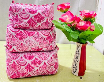 Set Of 3 Block Print Toiletry Bags, Big, Medium, Small, Toiletry Bag, Women Wash Bag Quilted Cotton Makeup Bag Cosmetic Bag Valentines Gifts