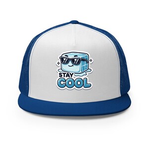 May include: White and blue trucker hat with a cartoon ice cube wearing sunglasses and the text "STAY COOL".