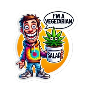 May include: A cartoon illustration of a person with a tie-dye shirt holding a pot of a green plant with a smiling face. The pot is labeled "SALAD" and a speech bubble above the person says "I'M A VEGETARIAN".