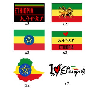 May include: A collection of Ethiopian flag designs, including rectangular flags with text, a lion emblem, and a star in a circle. Also included is a flag-shaped map and an "I love Ethiopia" graphic. Each design is duplicated.