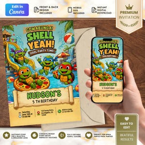 Ninja Turtle Pool Party Invitation, Shell Yeah Water Slide Bash, Cowabunga Pizza (Digital Download)