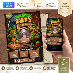 May include: A digital birthday invitation template featuring four cartoon turtles in masks, a circular photo frame, and text reading COWABUNGA! DAVID'S TH BIRTHDAY! and JOIN US FOR A SHELL-Y AWESOME PARTY! with placeholders for date, time, and location details.