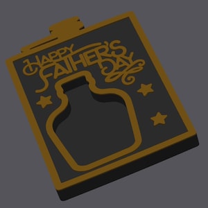 May include: A rectangular, two-tone Father's Day gift tag. The tag features a dark gray background with a gold border and the words "HAPPY FATHER'S DAY" in gold script. A bottle shape is cut out of the center, with three gold stars.