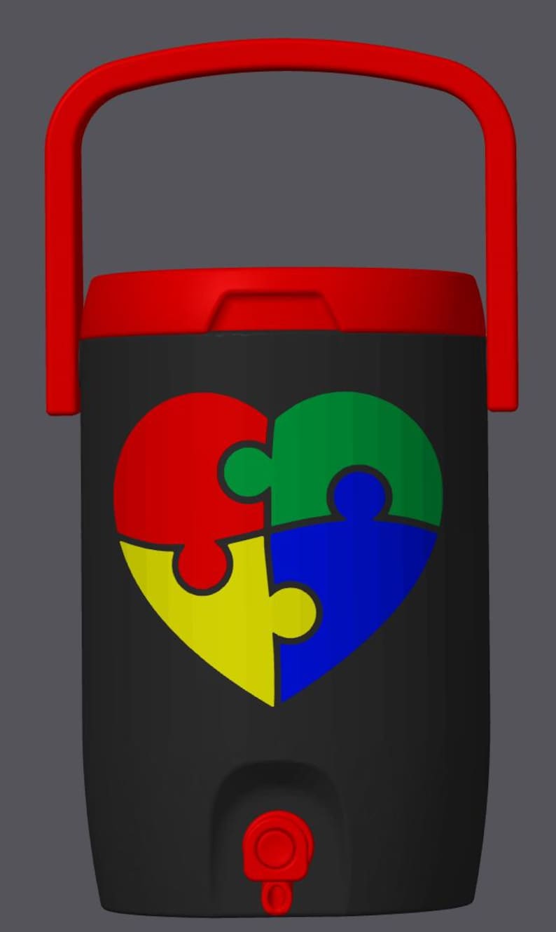 May include: Black water cooler with a red handle and lid. The cooler features a heart-shaped design made of four puzzle pieces in red, green, yellow, and blue. A red spigot is at the bottom.