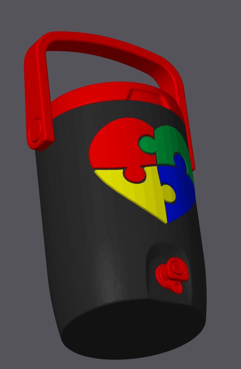 May include: A black water cooler with a red handle and a red dispensing button. The cooler features a colorful puzzle piece design in red, green, yellow, and blue. The handle is arched.