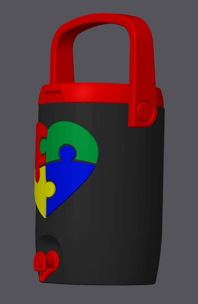 May include: A black water cooler with a red handle and accents. A colorful puzzle piece design in red, green, blue, and yellow is on the front. The cooler has a red spigot and a handle for easy carrying.