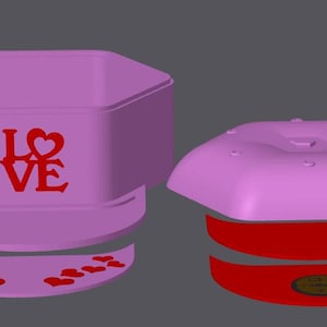 May include: A pink, hexagonal container with the word "LOVE" in red, alongside a matching lid and base. The base features red heart shapes. The lid and base are red.