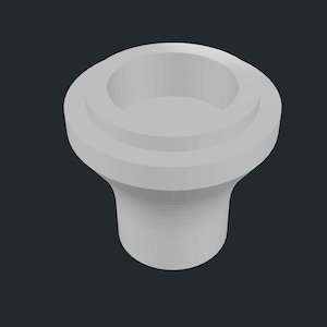 May include: A light gray, 3D-rendered bottle stopper. The stopper has a cylindrical base that flares out slightly towards the top, with a circular indentation at the top. The design is simple and modern, suitable for various bottle types.