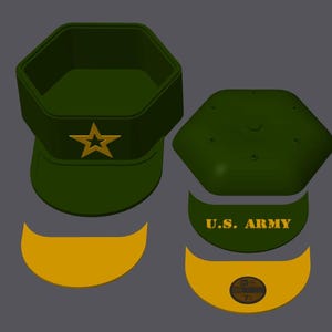 May include: A green military cap with a gold star emblem. The cap has a visor and a hexagonal crown. The words "U.S. ARMY" are visible on a separate piece. The design is a 3D render.