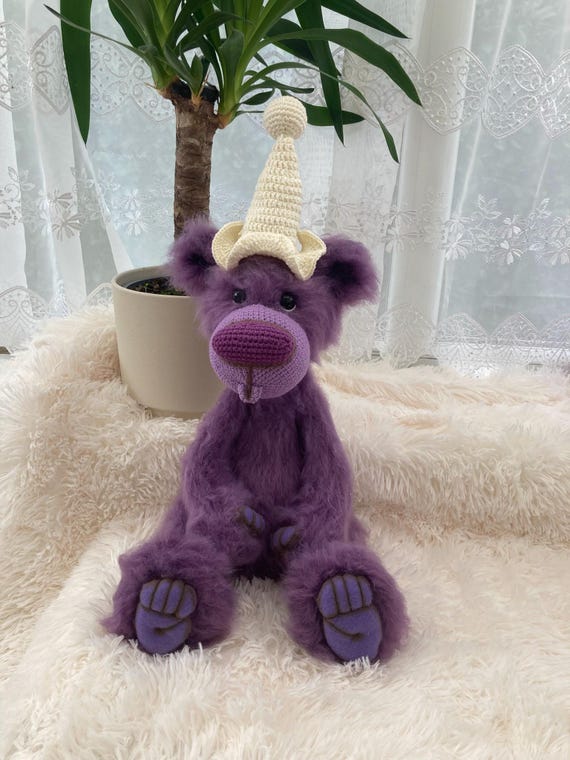 Handmade Crochet Eyelash Yarn Bear with Hat, Collectable Plush