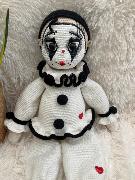 Crocheted Pierrot Clown Sculpture – Hand-Painted Fiber Art, Commedia dell'arte Character