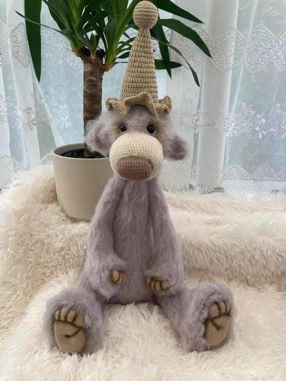 Handmade Crochet Eyelash Yarn Bear with Hat, Collectable Plush