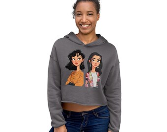 Urban Chic Sisters Crop Hoodie – Boho Hand-Drawn Art, Trendy Raw Hem, Soft Cotton Fleece, Unique Gift for Her, Street Style Top
