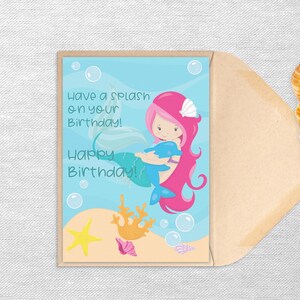 Digital Hot Pink Mermaid Birthday Card