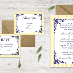May include: Yellow and white striped wedding invitation with blue ornate border. The invitation reads "Mr. and Mrs. Cecil w. Watson Request the honour of your presence at the wedding of their daughter Jessica L. Watson To Joshua K. Martin Son of Mr. and Mrs. Paul T. Martin Saturday, the 16th of June Two thousand twelve At 4 o'clock in the afternoon Wentworth by the sea Portsmouth, NH Reception to follow ceremony"