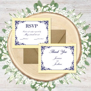 May include: Two yellow and white striped cards with blue decorative borders. The top card says "RSVP" and the bottom card says "Thank You Jessica and Joshua".