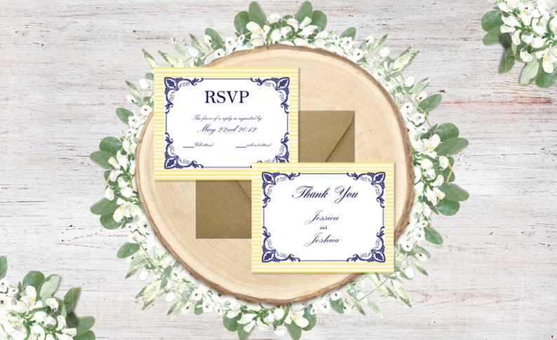 May include: Two yellow and white striped cards with blue decorative borders. The top card says "RSVP" and the bottom card says "Thank You Jessica and Joshua".