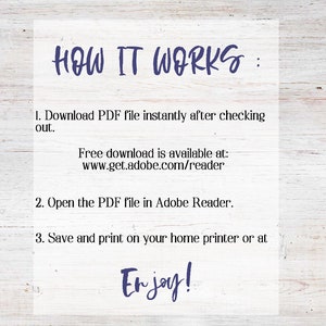 May include: A white wood background with a blue text overlay that reads "HOW IT WORKS:" followed by a list of instructions on how to download and use a PDF file. The text includes the website address "www.get.adobe.com/reader". The image is decorated with white flowers and green leaves on the left and right sides.
