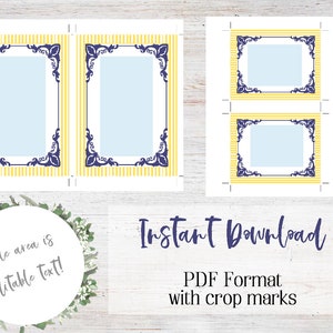 May include: Printable PDF template with four place cards featuring a yellow and white striped background with a blue ornate frame. The blue area is editable text.  Instant Download. PDF Format with crop marks.