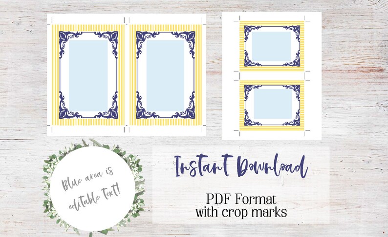 May include: Printable PDF template with four place cards featuring a yellow and white striped background with a blue ornate frame. The blue area is editable text.  Instant Download. PDF Format with crop marks.